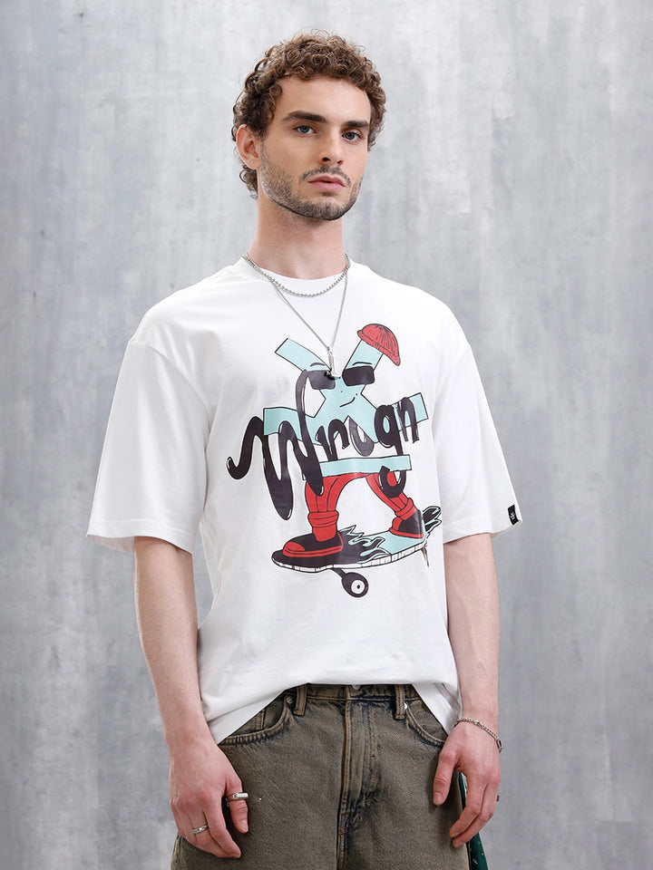 Skater Logo Printed Oversized Fit T-Shirt | White
