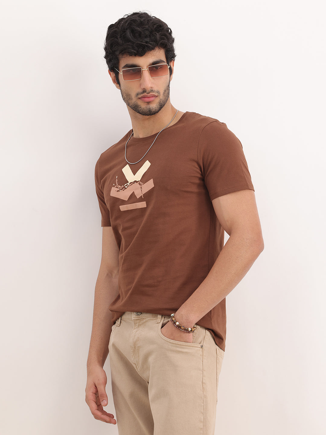 Classic Slim Fit Placement Printed T-Shirt | Brown