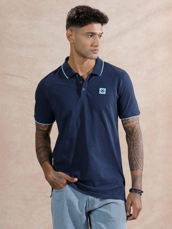Tipping Collar Slim Fit Polo T-Shirt  | Navy Blue