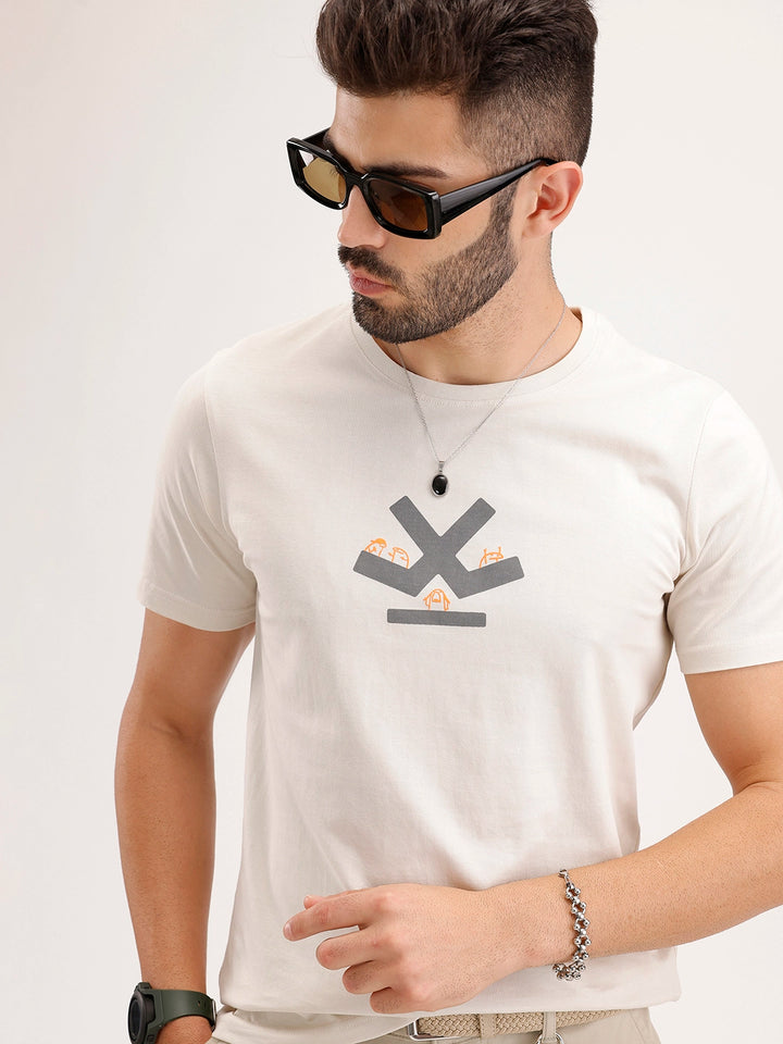 Solid Slim Fit Printed T-Shirt | Beige
