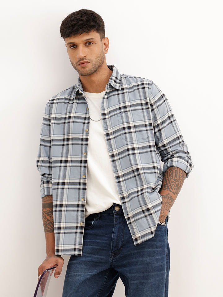 Regular Fit Full Sleeve Checkered Shirt | Light Blue