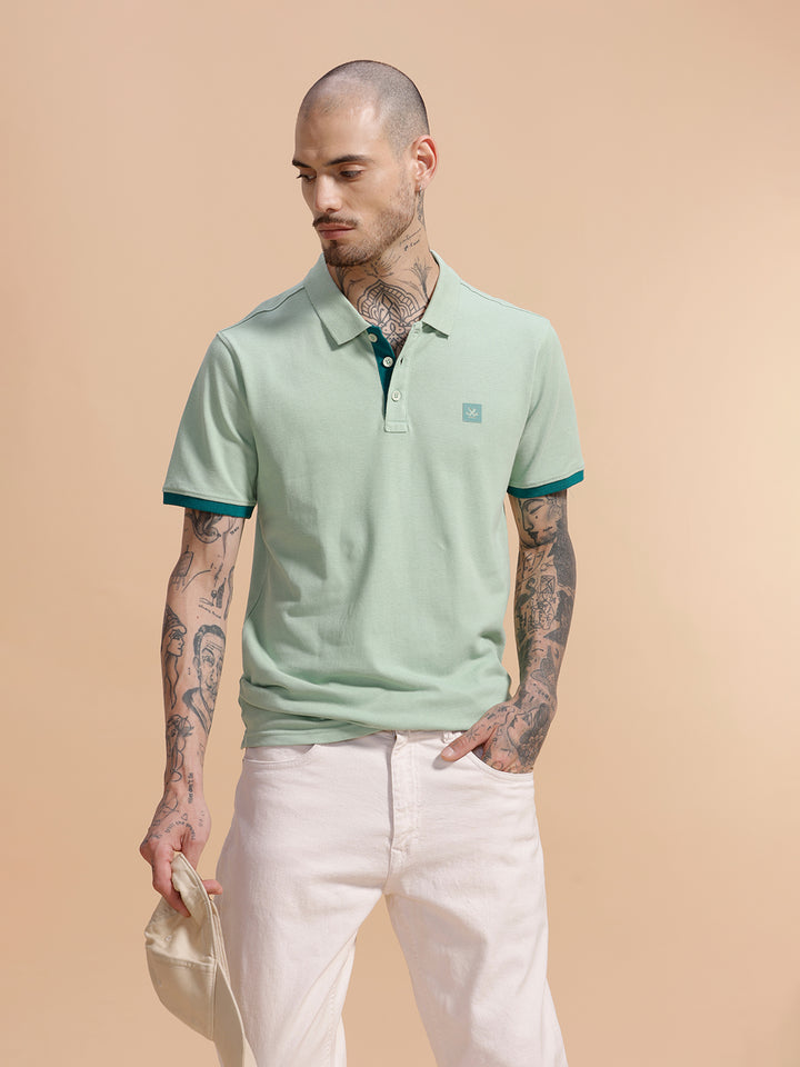 Contrast Rib Pique Polo T-Shirt | Beige