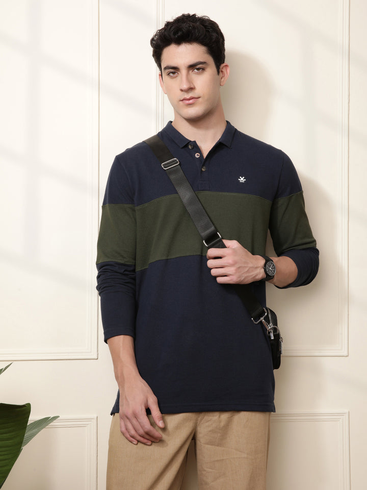 Colour Blocked Navy Blue Polo T-Shirt