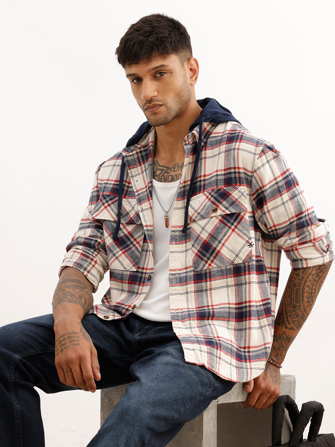 Regular Fit Checkered Hooded Shirt | Beige
