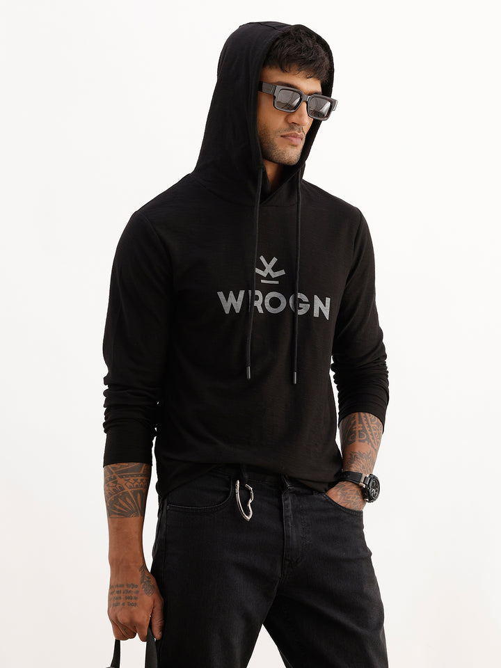 Classic Slim Fit Placement Printed Hooded Sweatshirt | Black