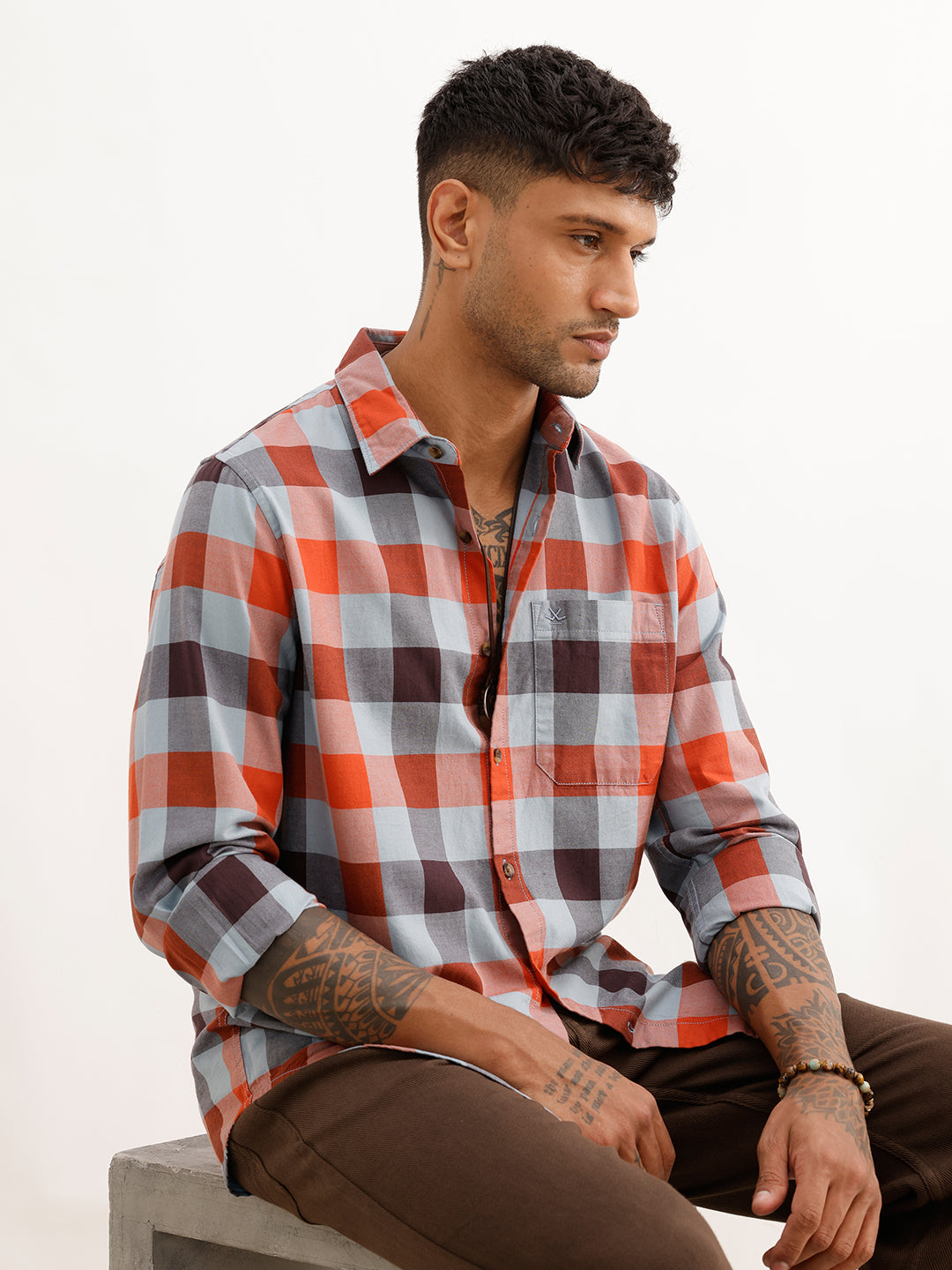Regular Fit Full Sleeve Checkered Shirt | Grey