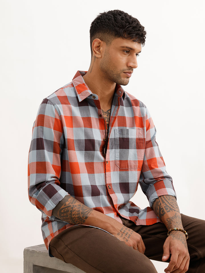 Slim Fit Full Sleeve Checkered Shirt | Grey