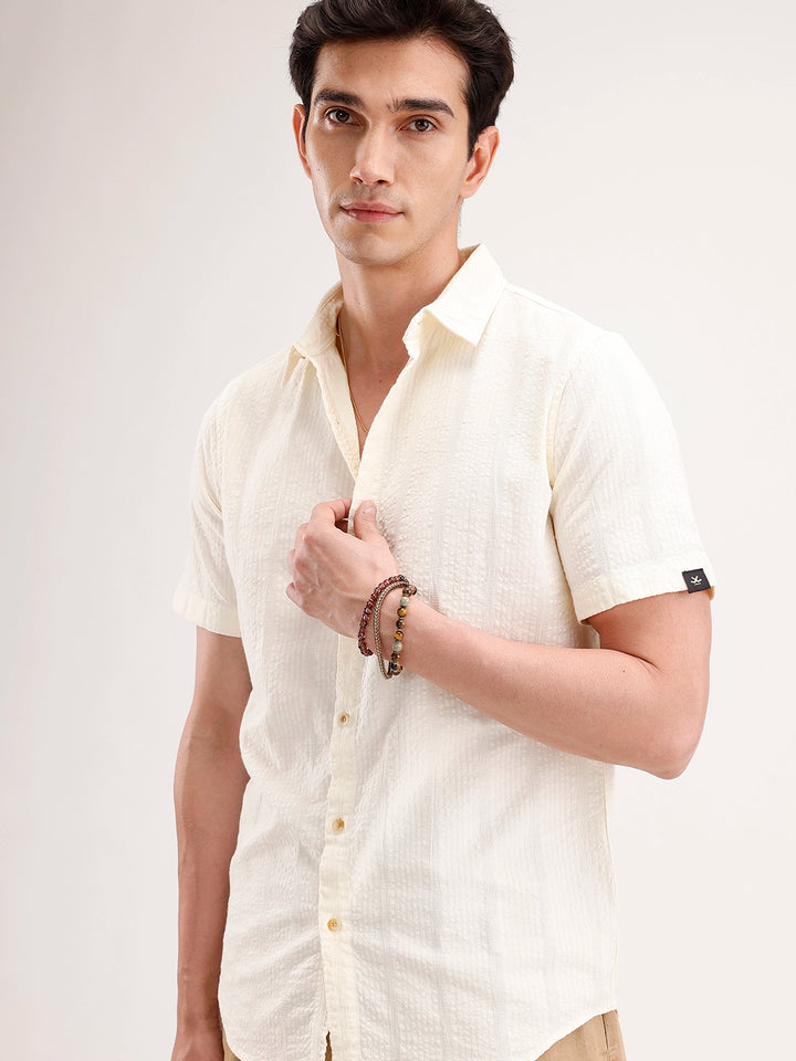 Slim Fit Textured Half Sleeve Shirt | Yellow