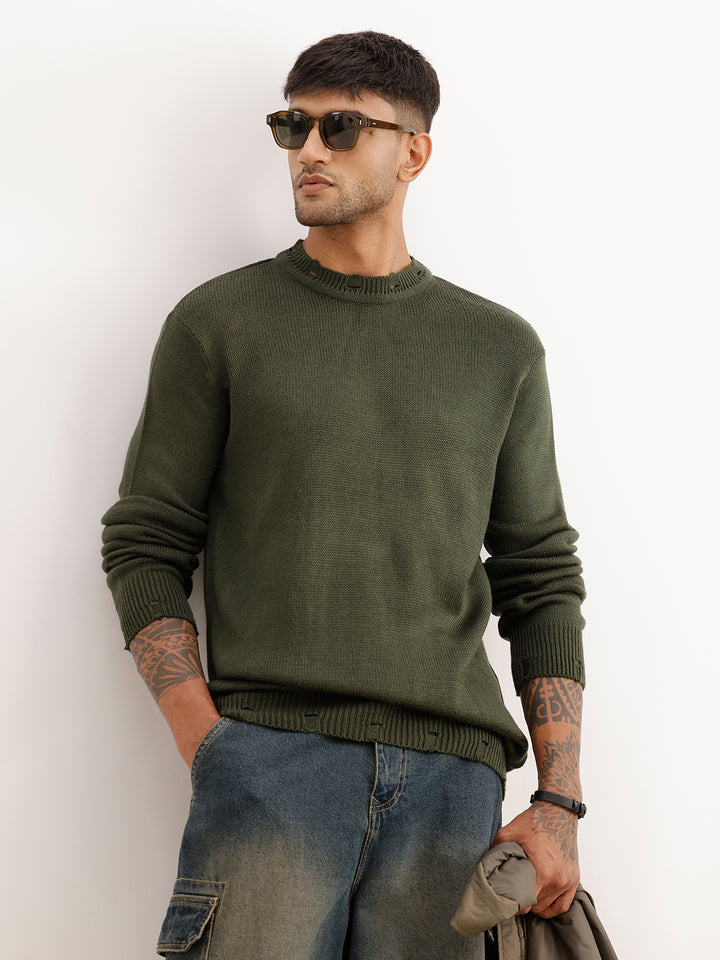 Solid Regular Fit Knitted Sweater | Olive