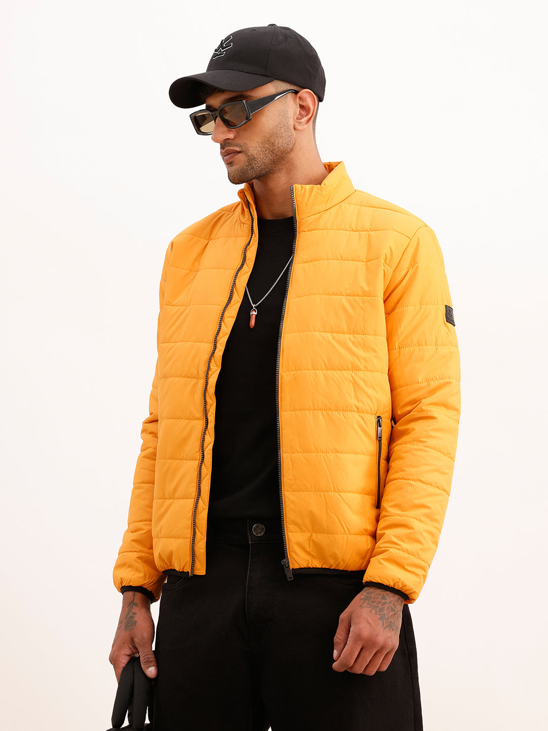 Solid Regular Fit Puffer Jacket | Yellow