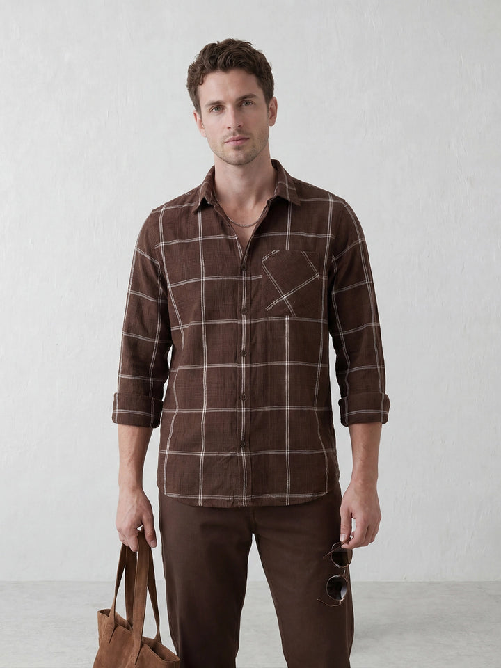 Slim Fit Checkered Shirt | Brown
