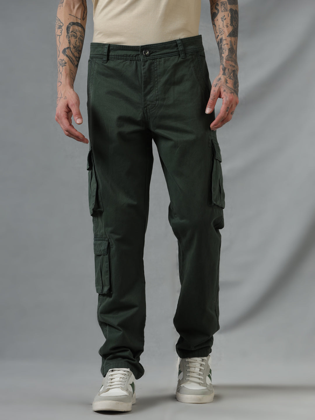 Solid Pockets Olive Cargo Pants