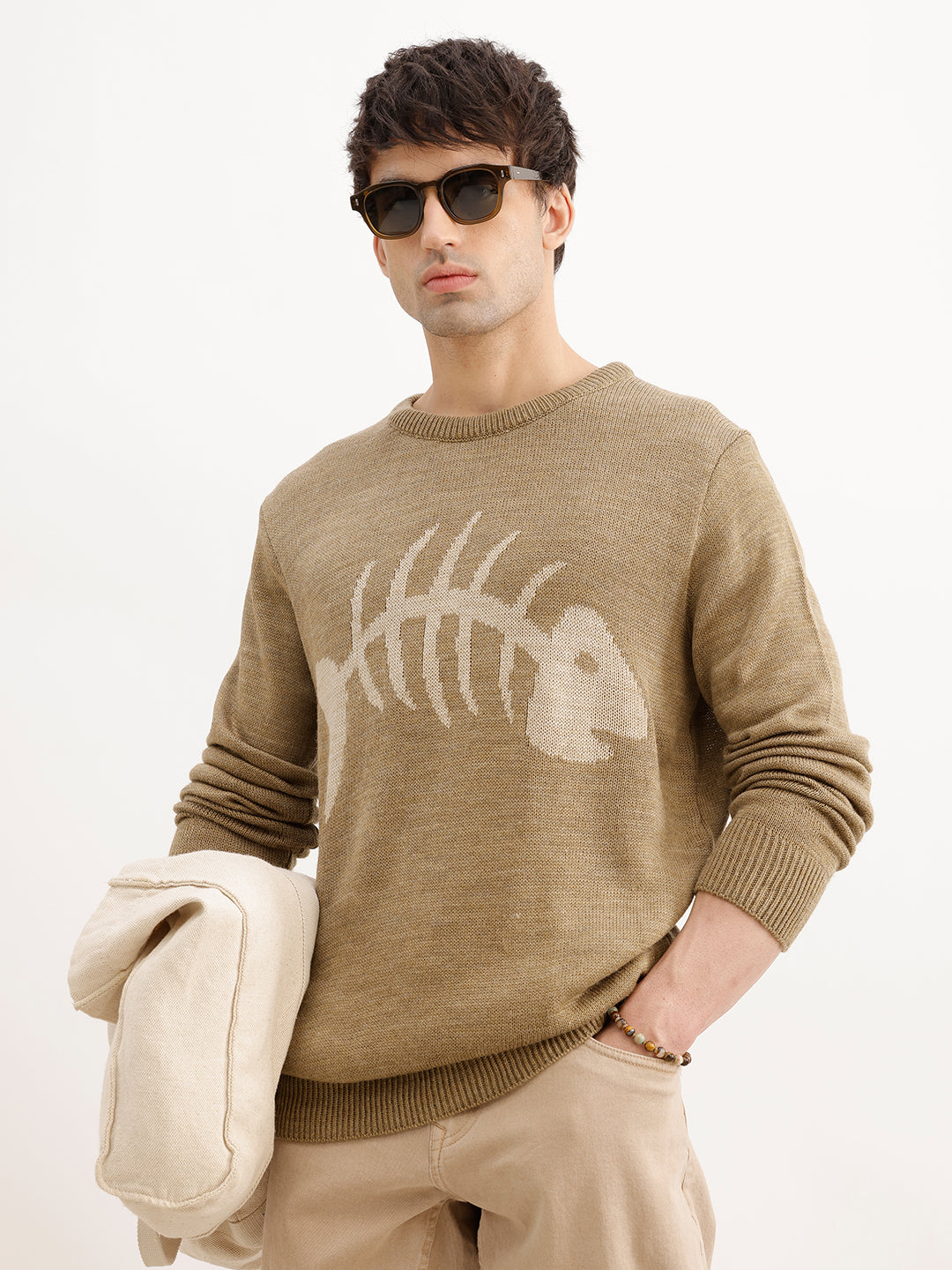Classic Jacquard Full Sleeve Sweater | Khaki | WSW02FSRE1104W