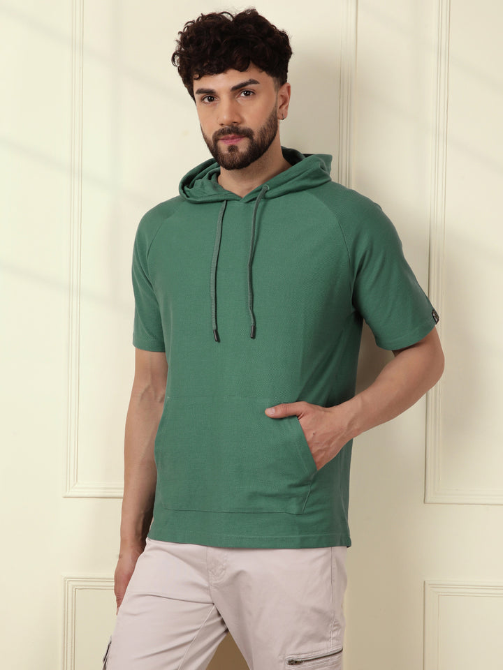 Solid Teal Half Sleeve Hooded T-Shirt