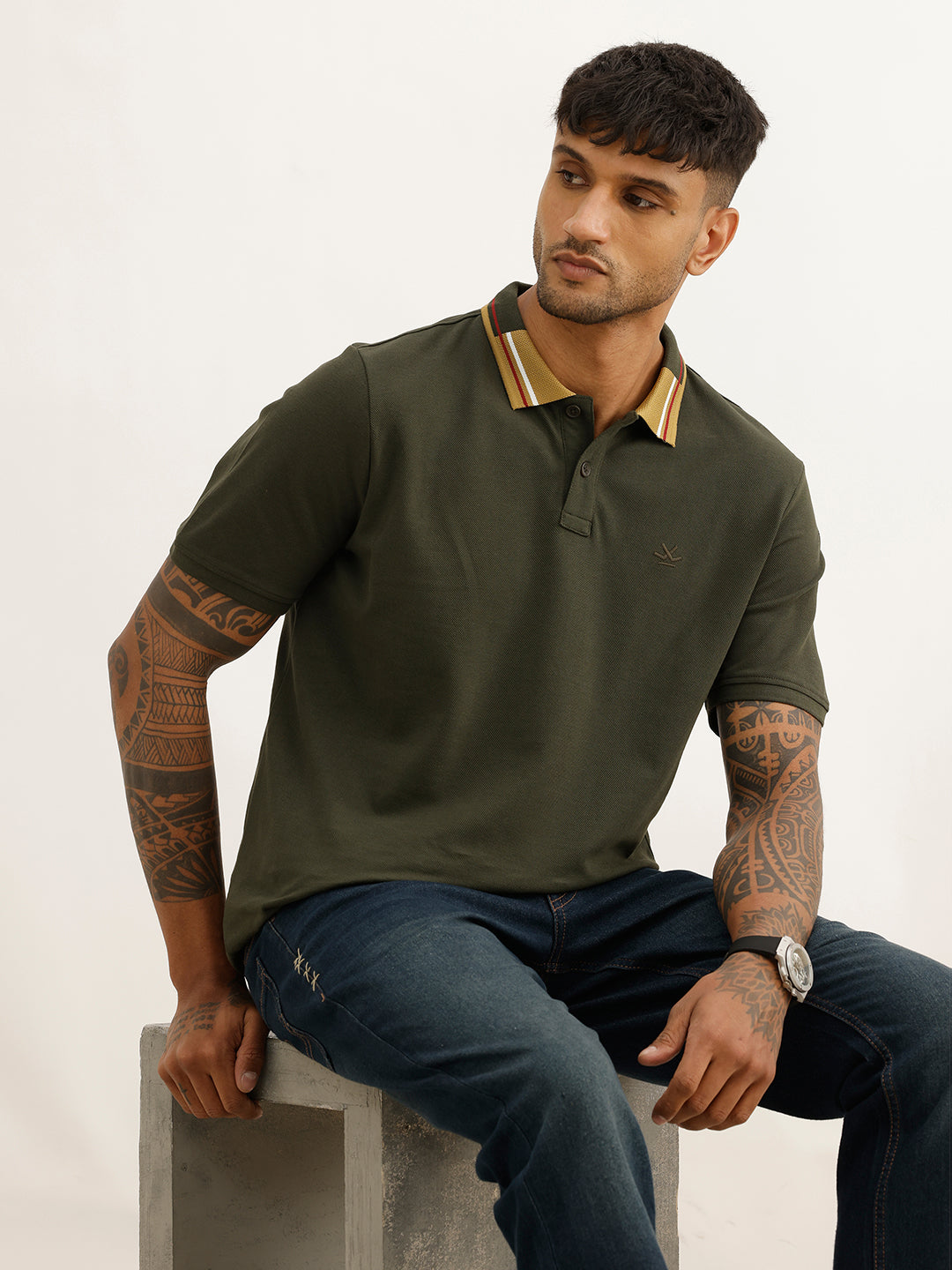 Classic Contrast Collar Polo T-Shirt | Olive