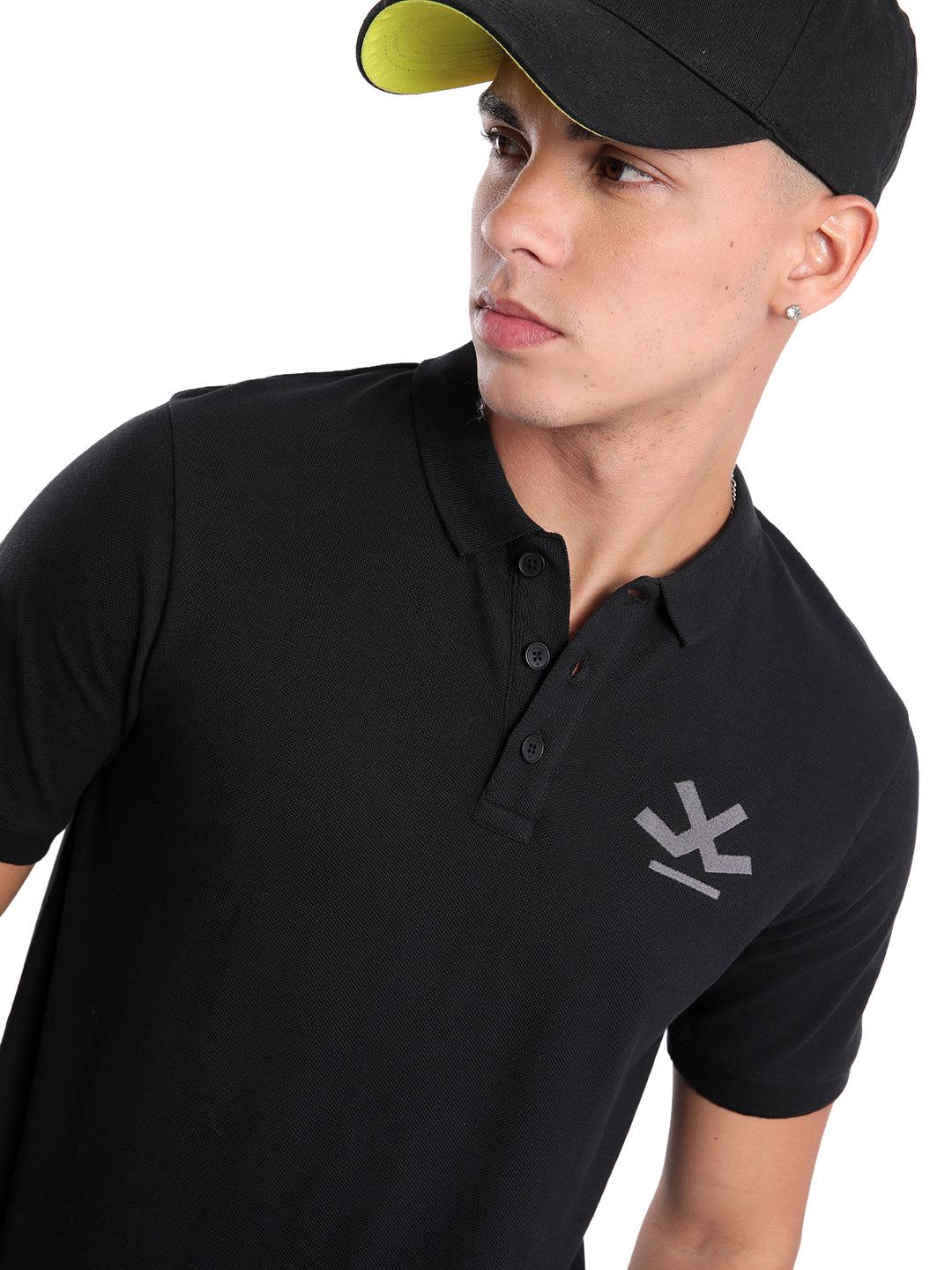 Solid Black Logo Embroidered Polo T-Shirt