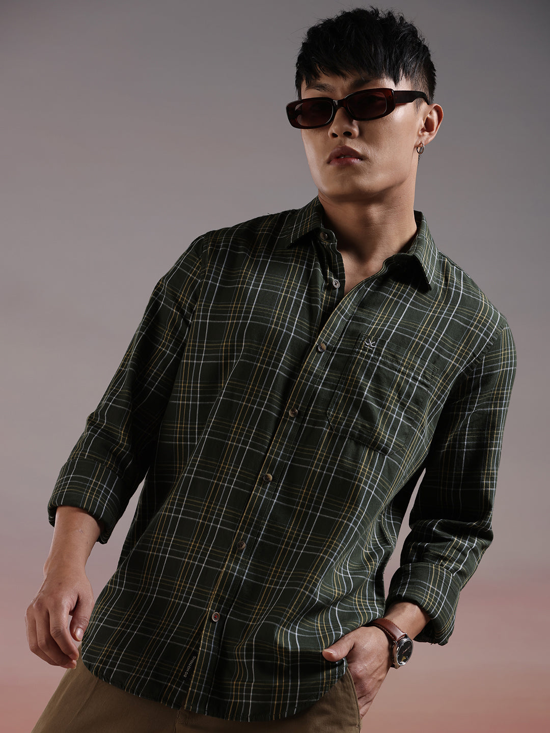 Checked Squares Olive Long Sleeve Shirt