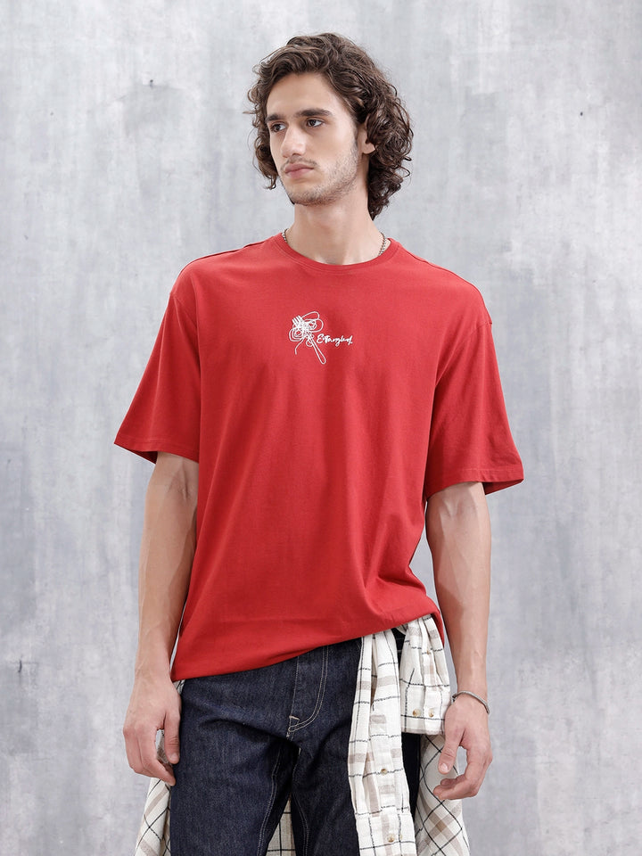 Men's Casual Emboridered Oversized Fit T-Shirt | Red