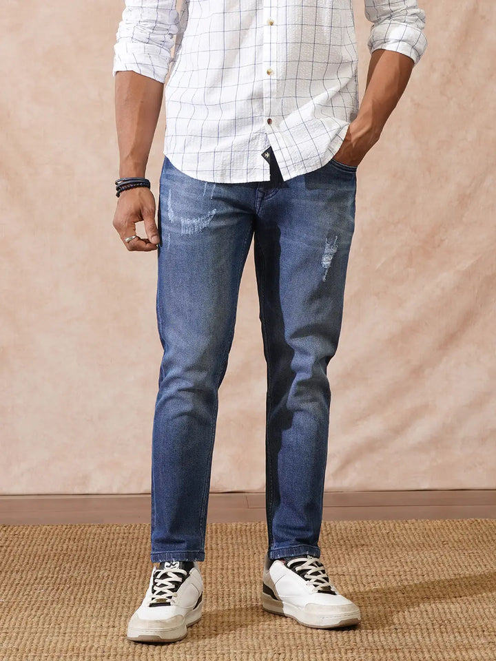 Distressed Skinny Crop Jeans | Dark Blue