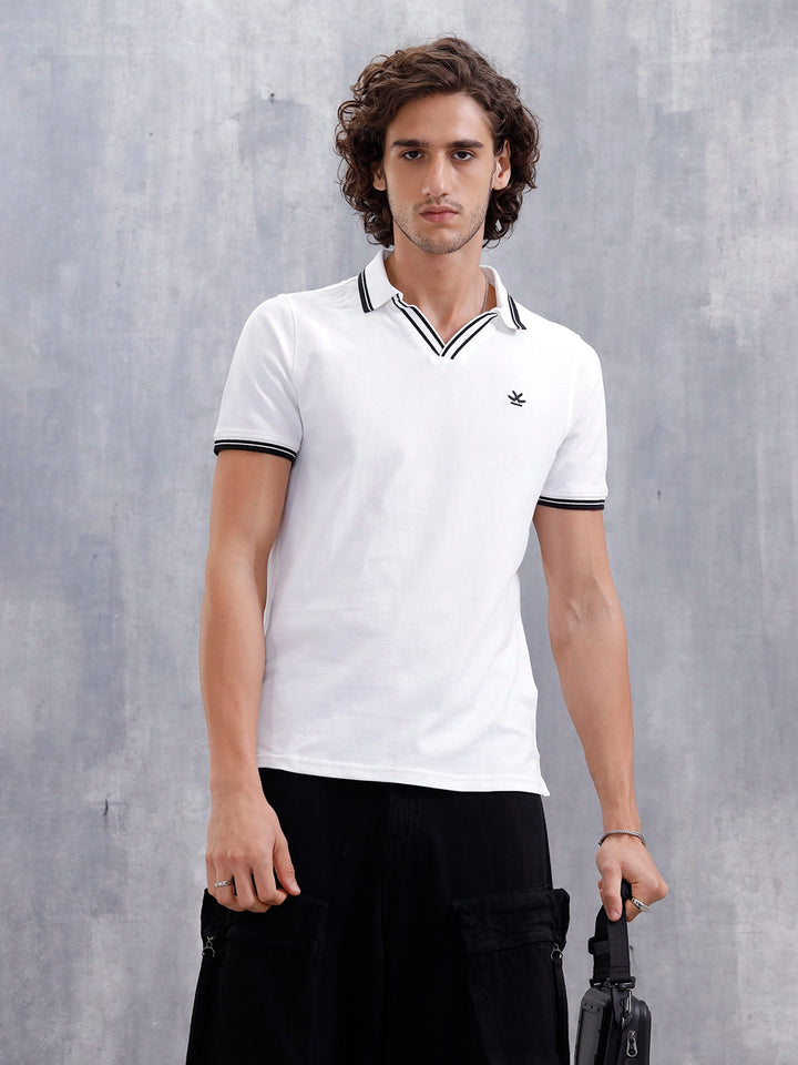 Slim Fit 100% Cotton Johnny Collar Polo With Contrast Tipping | White