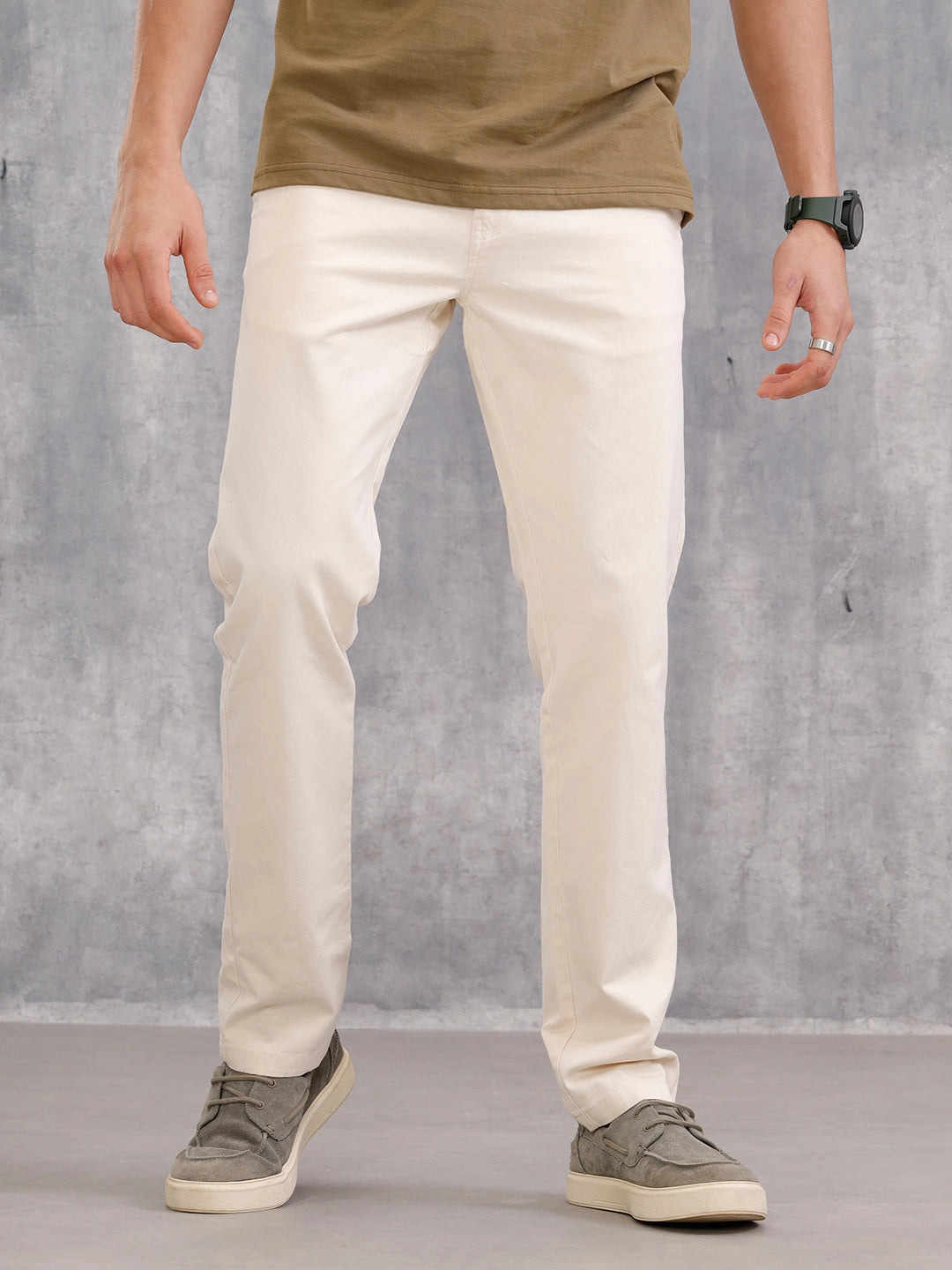 Slim Fit Cotton Stretch Clean Look Trouser | Cream