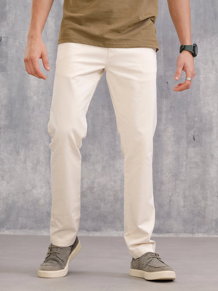 Slim Fit Cotton Stretch Clean Look Trouser | Cream