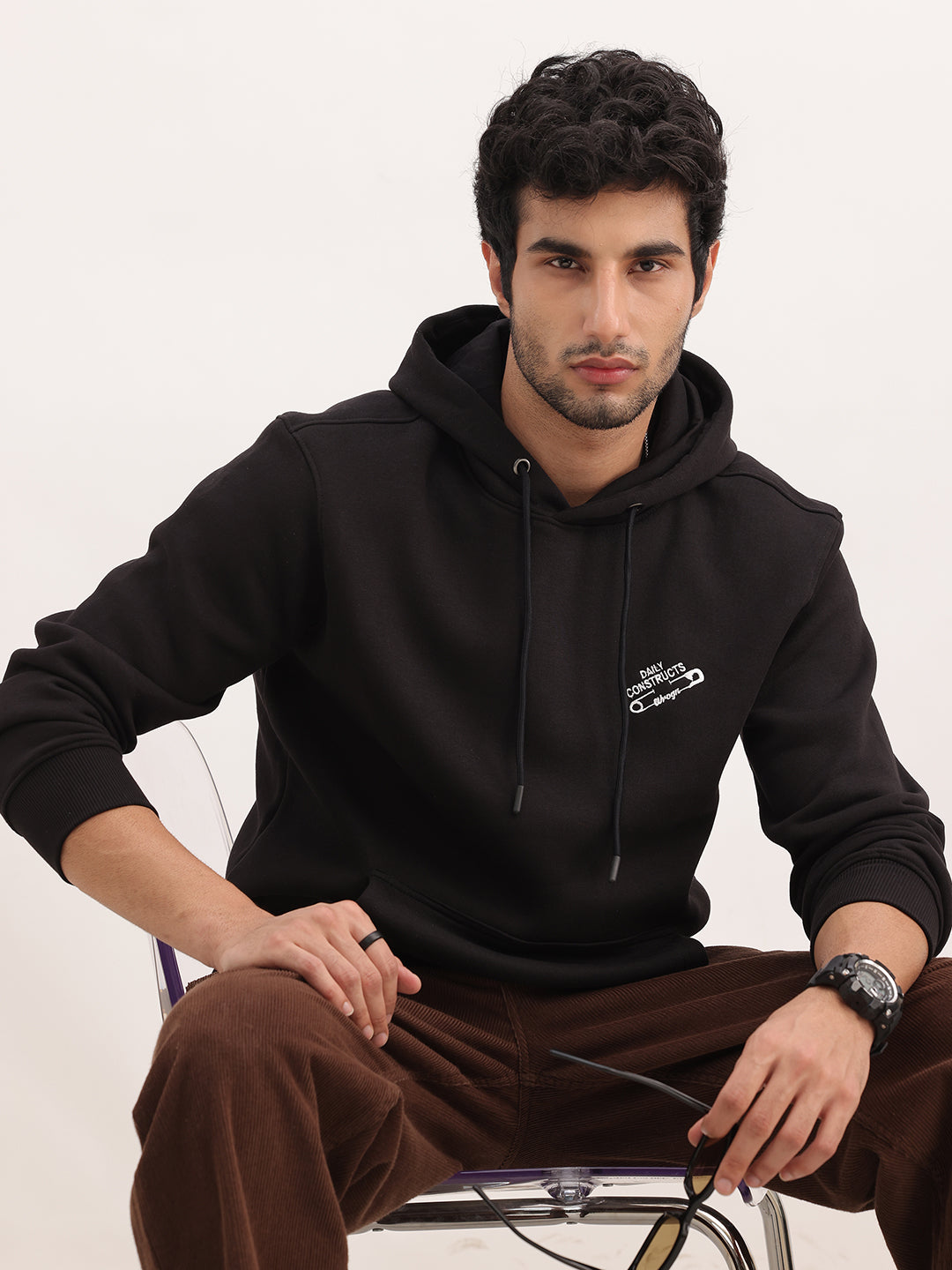Comfort Fit Embroidery Detail Hooded Sweatshirt | Black