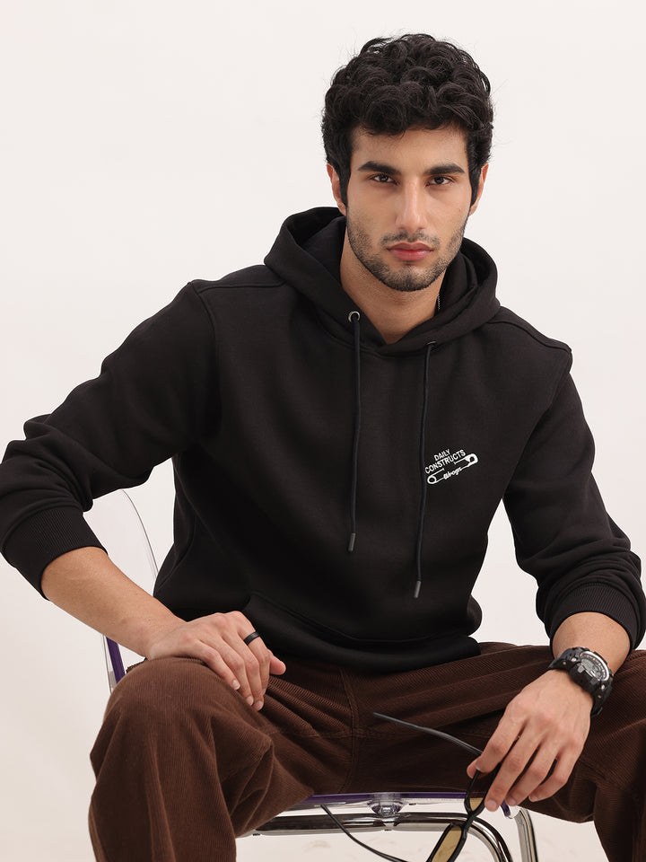 Comfort Fit Embroidery Detail Hooded Sweatshirt | Black