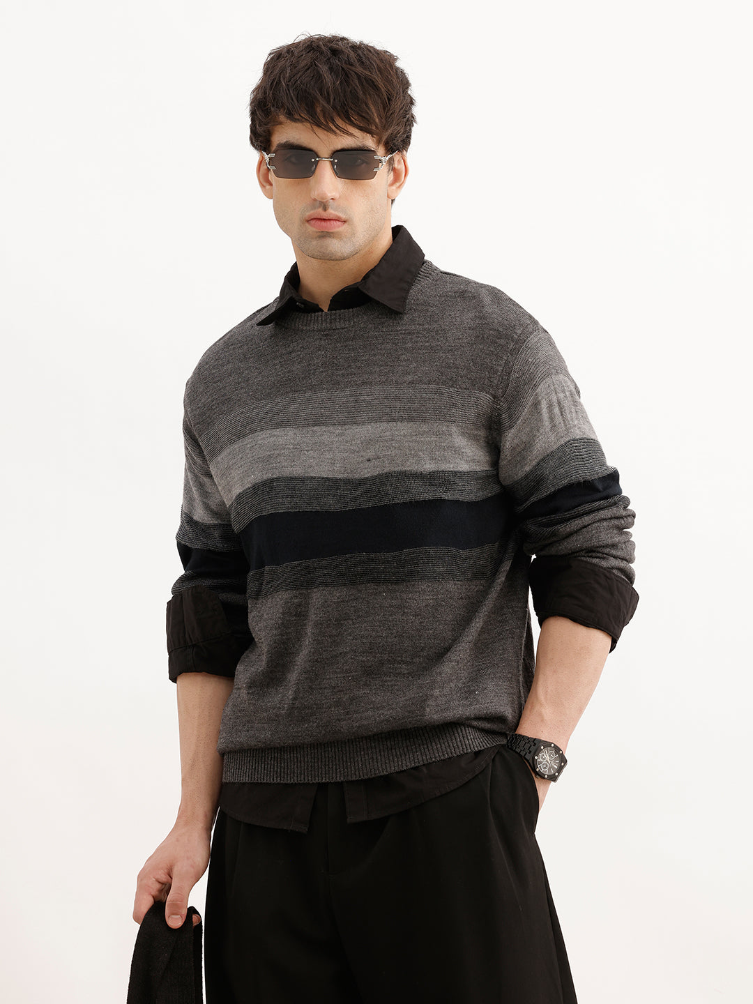 Slim Fit Striped Full Sleeve T-Shirt | Grey | WSW02FSRE1043W