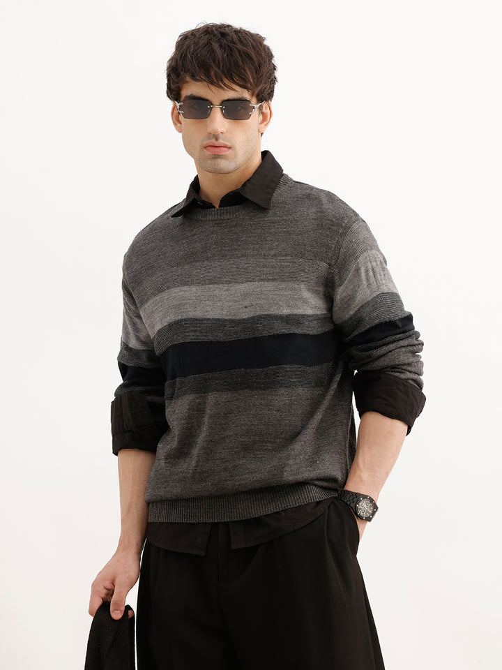 Regular Fit Striped Full Sleeve T-Shirt | Grey