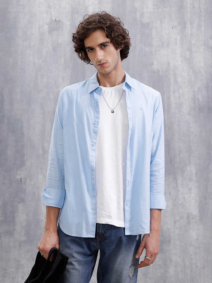 Cotton Dobby Slim Fit Shirt | Light Blue