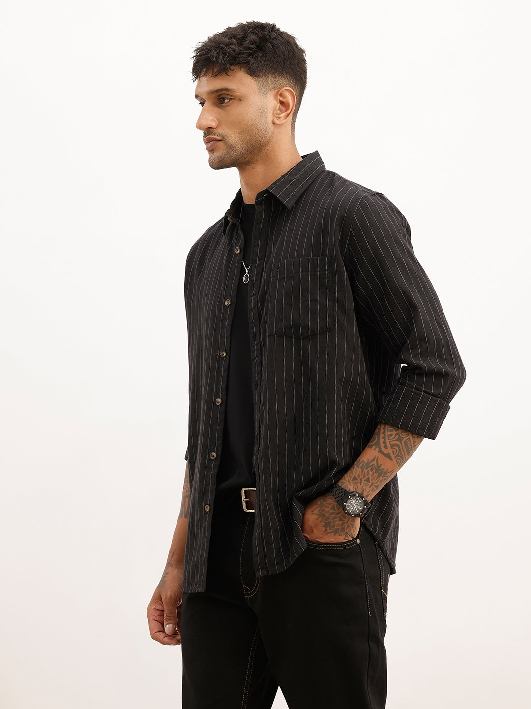 Regular Fit Striped Shirt | Black | WTSH2007F