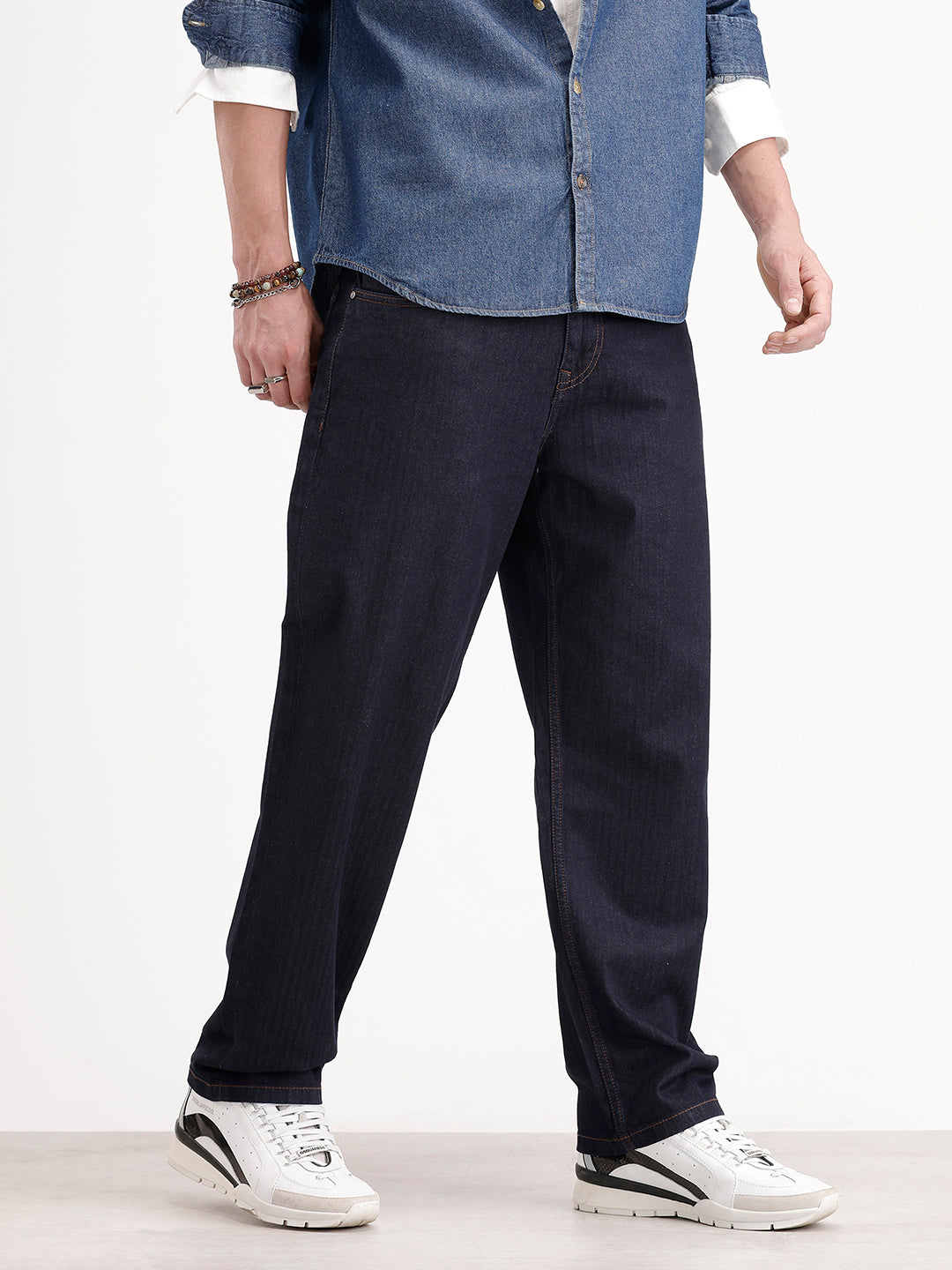 Loose Fit Textured Denim Jeans | Dark Blue