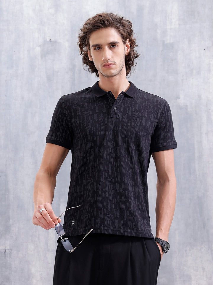 Aop Printed Slim Fit Polo Collar T-shirt | Black