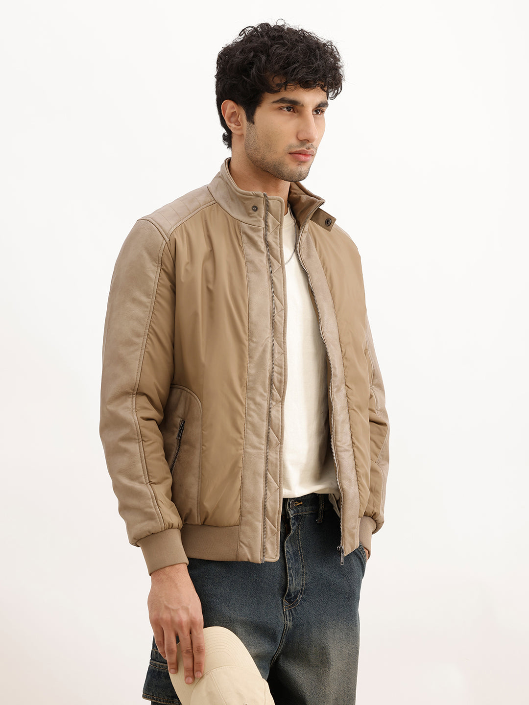 Slim Fit Pannel Zipper Jacket | Beige
