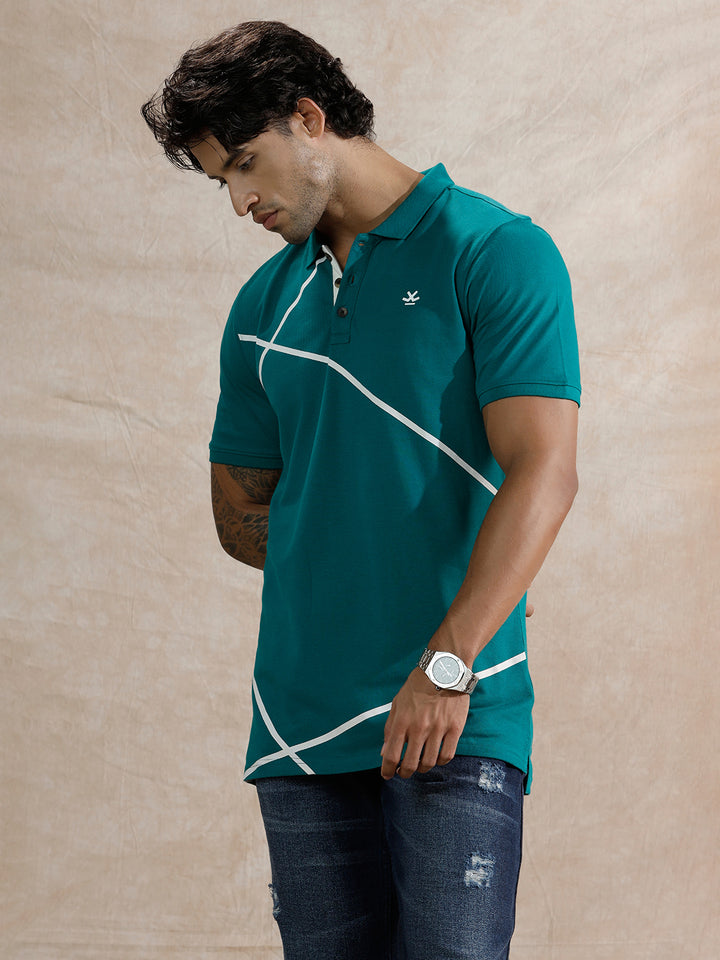 Contrast Abstract Lines Polo T-Shirt | Teal