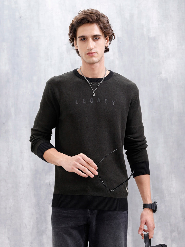 Men's Typo Printed Slim Fit Pullover | Olive
