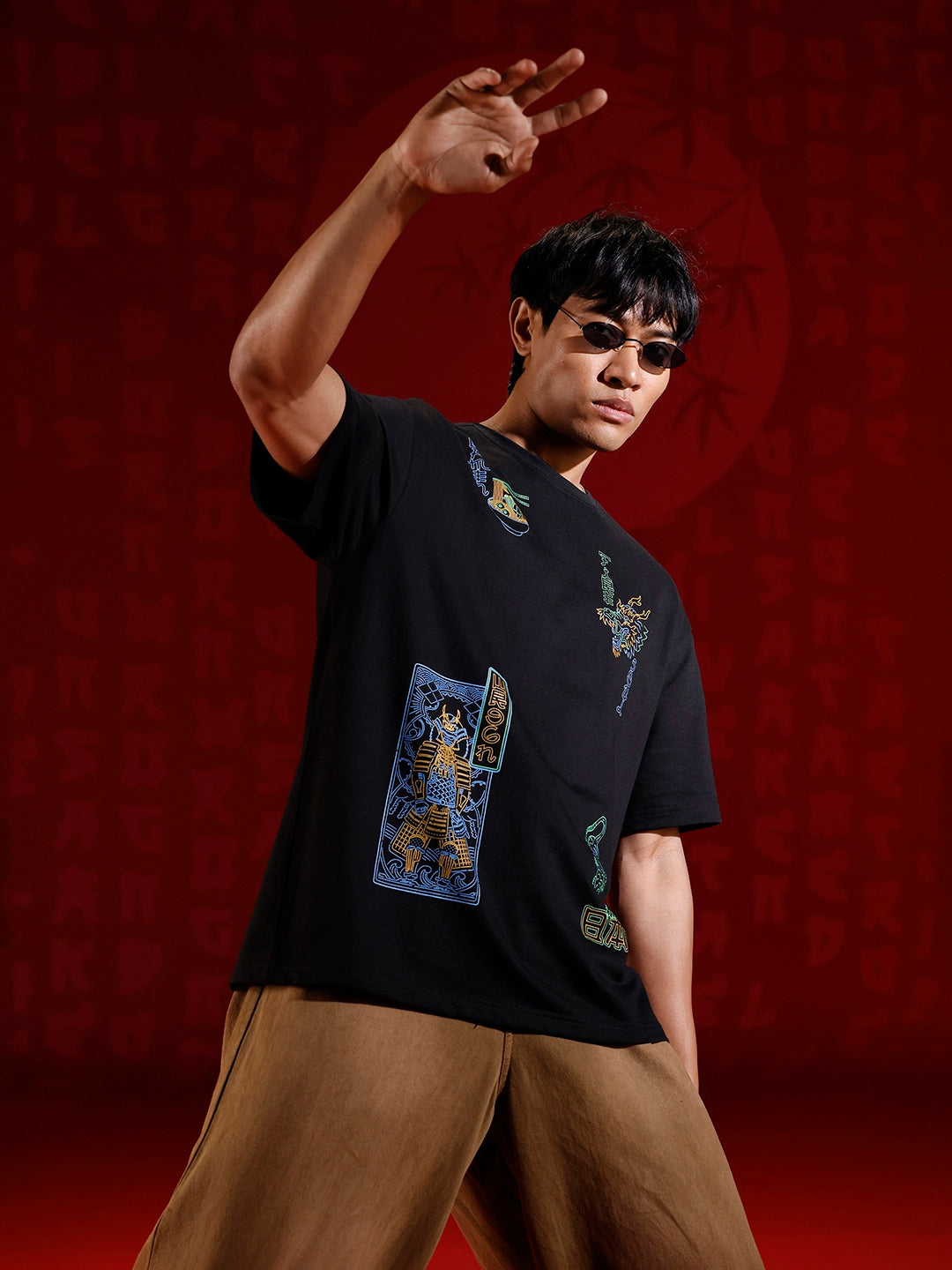 Samurai multi-print oversized T-shirt | Black