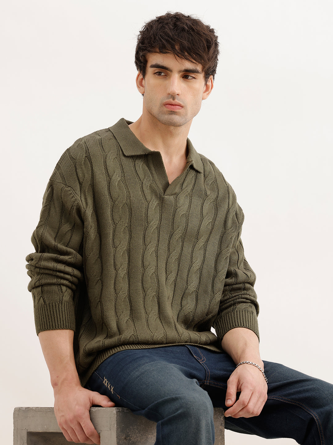 Solid Oversized Fit Cable Knitted Sweater | Olive | WSW02FSOS1083W