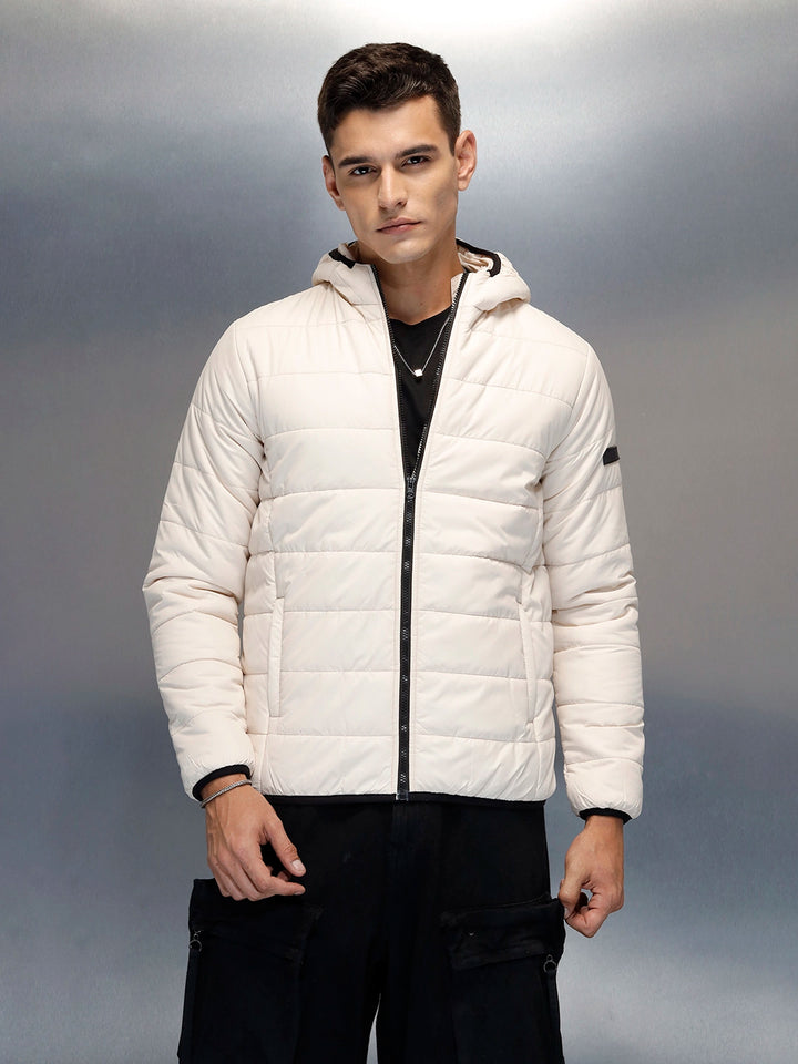 Puffered Men's Casual Slim Fit Hooded Jacket | Beige