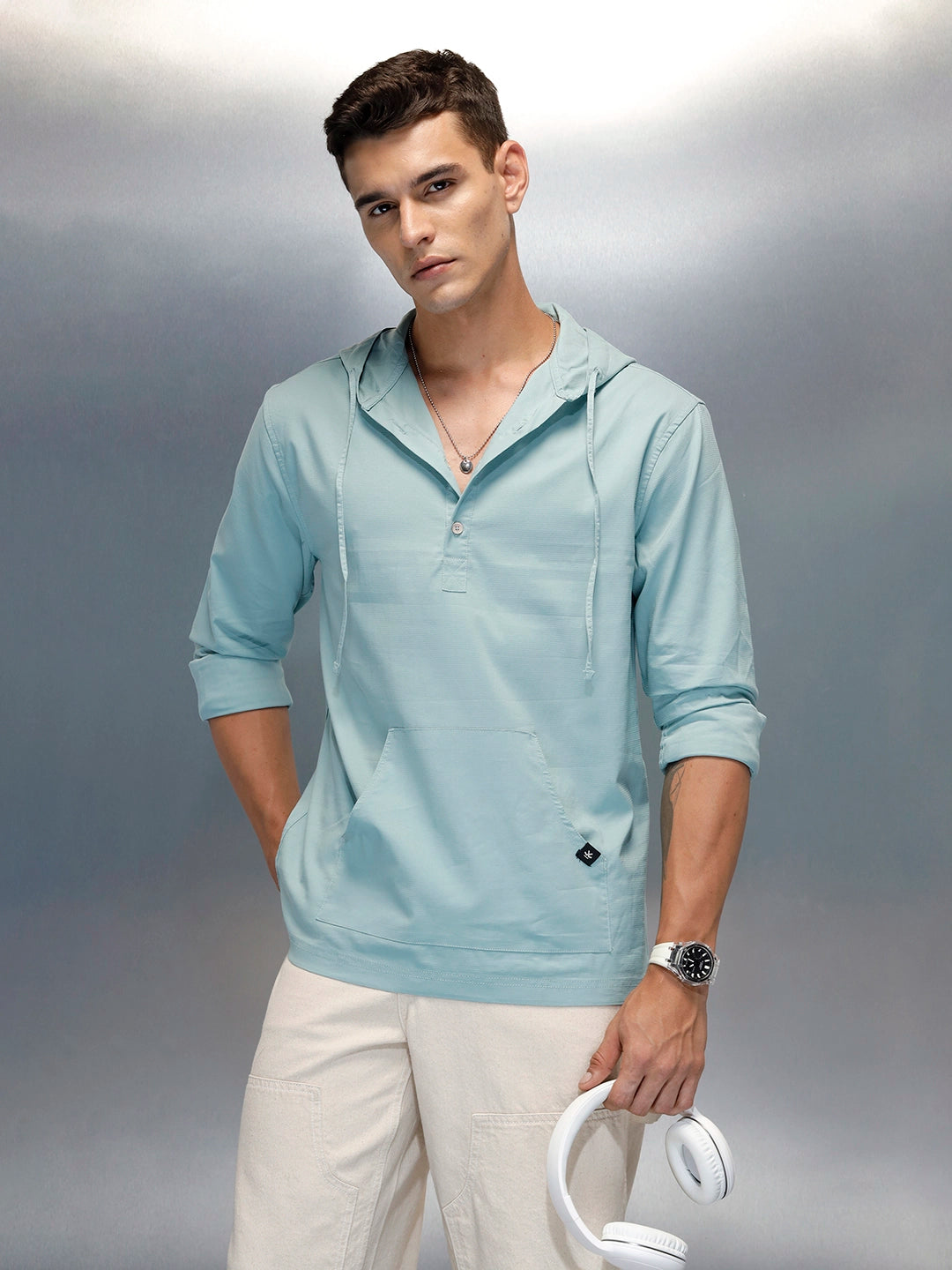 Men's Casual Regualr Fit Hooded Shirt With Patch Pocket | Green