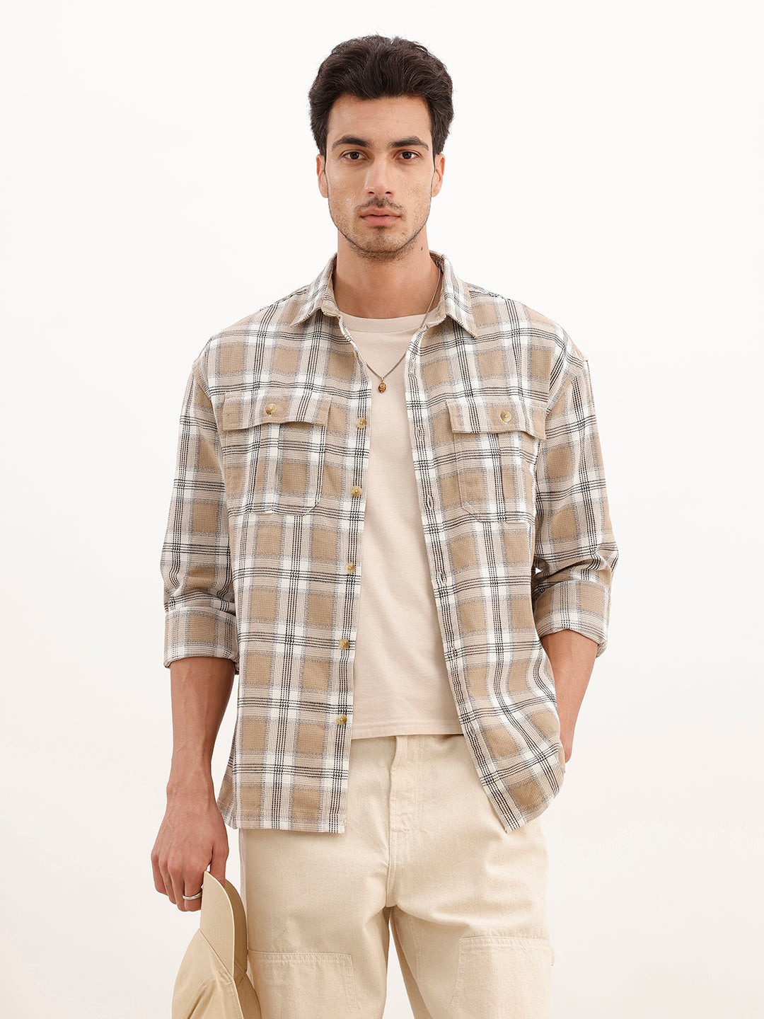 Oversized Grindle Structured Check Double Pocket Shirt | Khaki