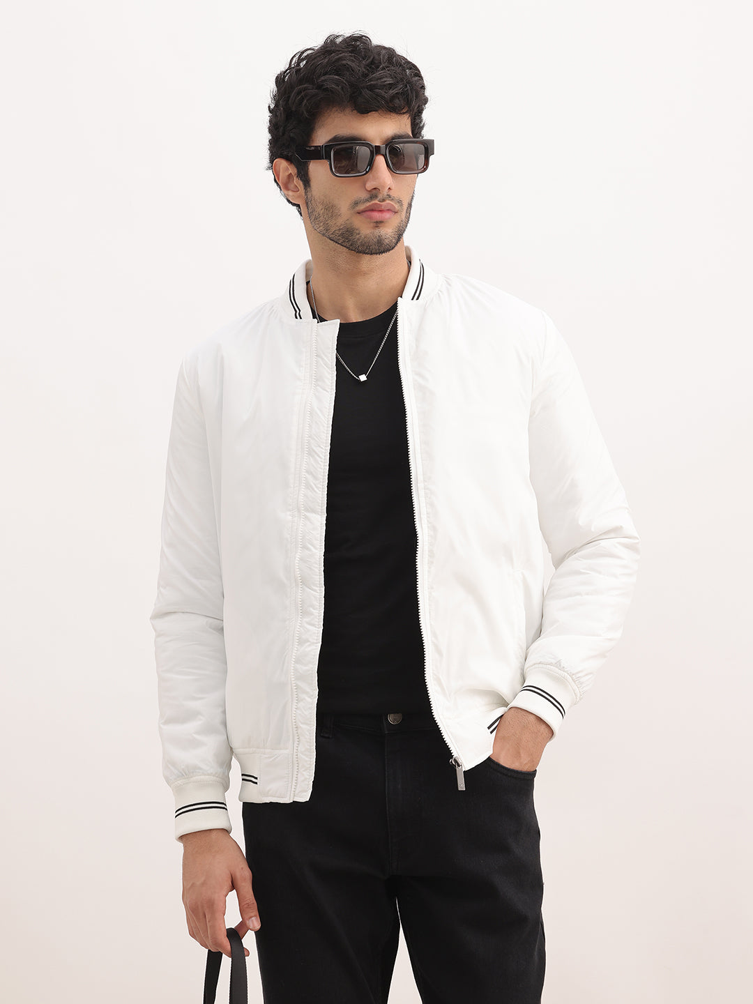 Classic Slim Fit Tipping Collar Bomber Jacket | White