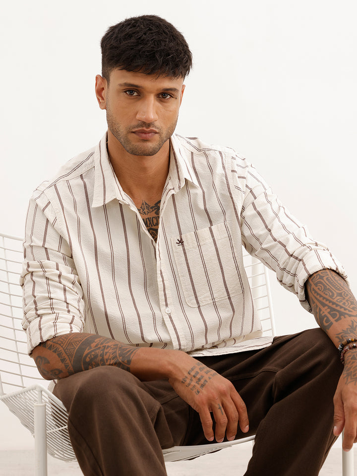 Textured Slim Fit Striped Shirt | Off White
