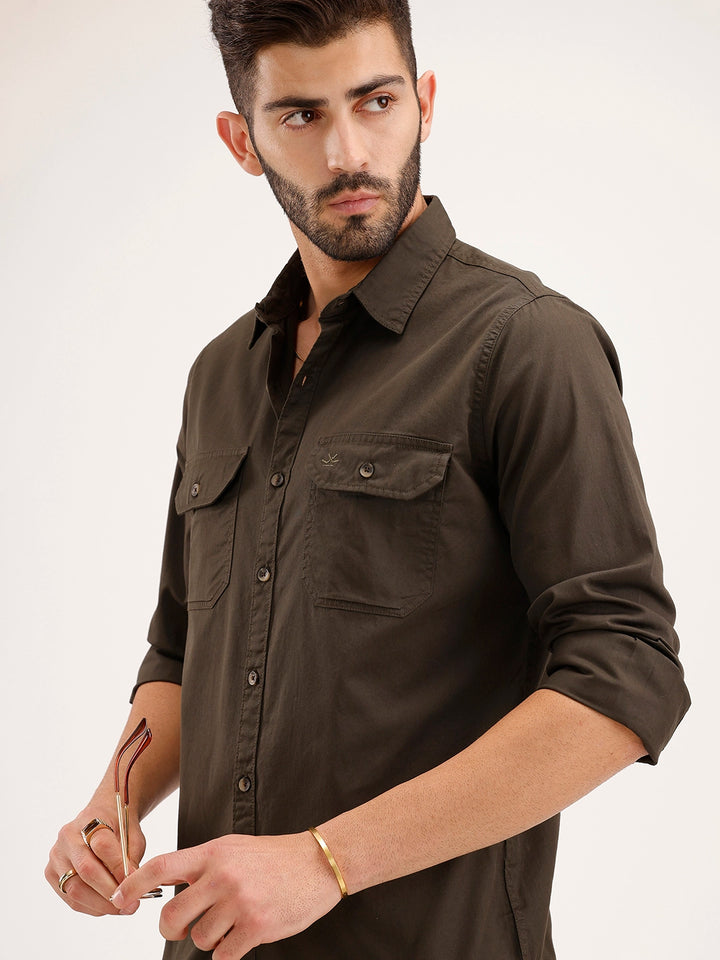 Slim Fit Double Pocket Shirt | Dark Green