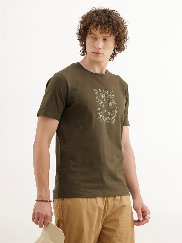 Slim Fit Puffer Printed T-Shirt  | Olive