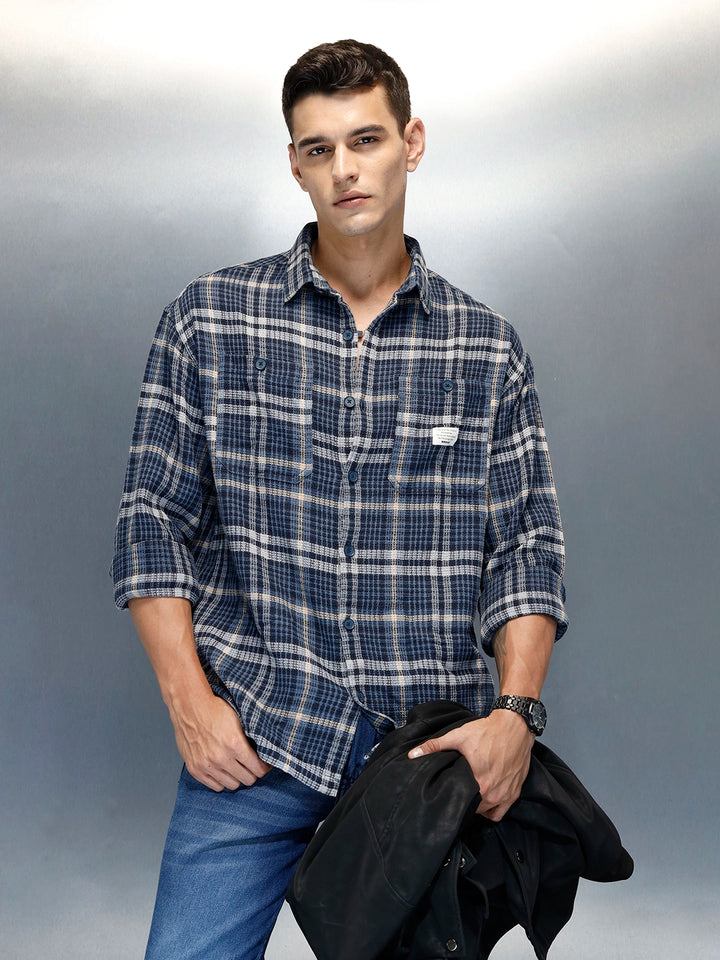 Men's Casual Oversized Fit Checkered Pattern Shirt | Blue