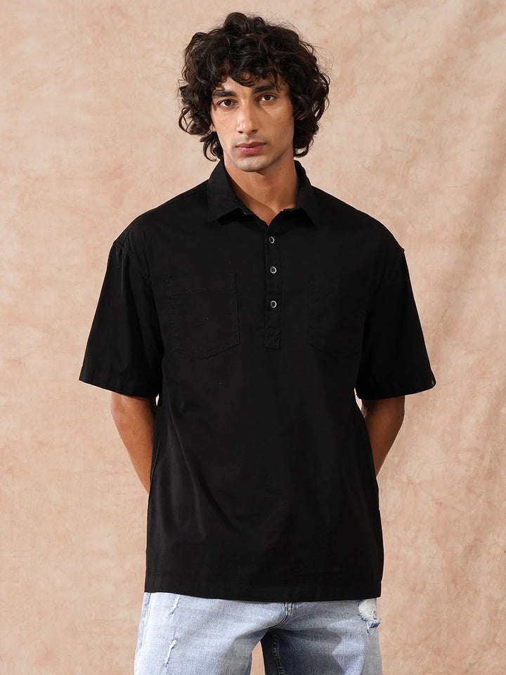 Oversized Half Placket Popover Shirt | Black