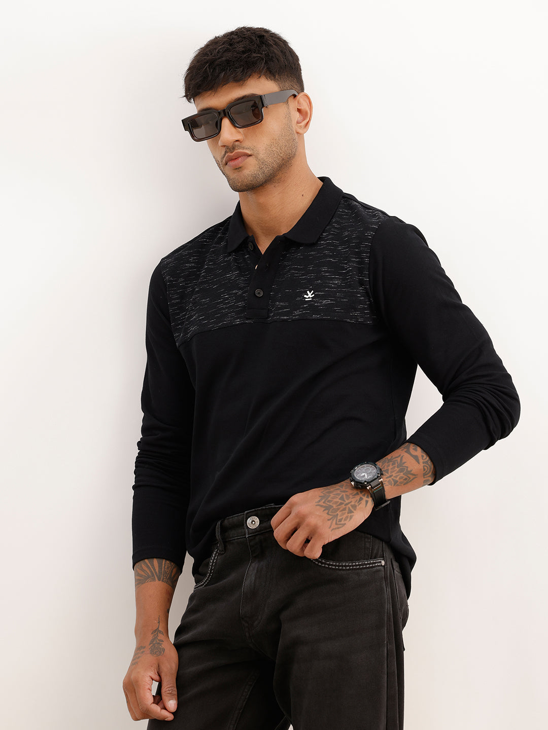 Slim Fit Full Sleeve Placement Printed Polo T-Shirt | Black