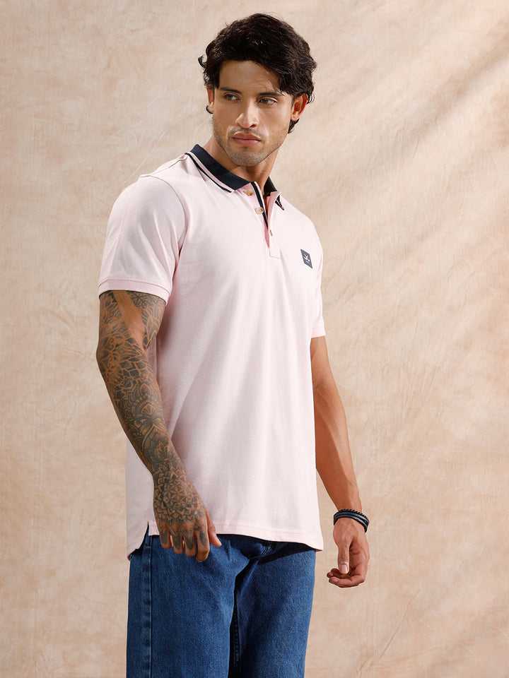 Contrast Striped Collar Polo T-Shirt | Light Pink